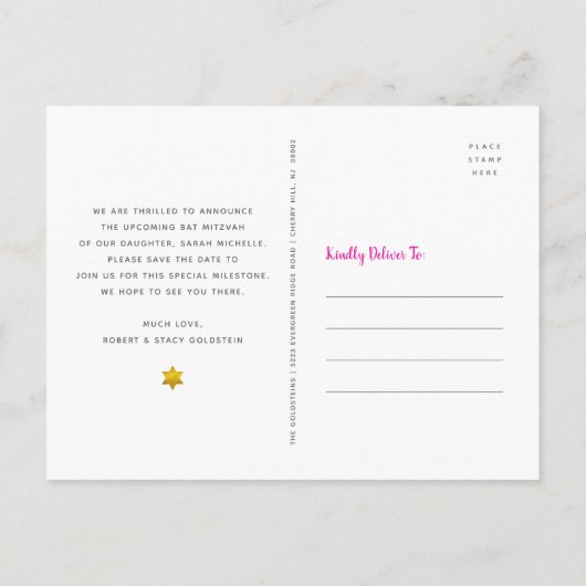 Bat Mitzvah Save the Date Gold & Pink Tree of Life Uitnodiging Briefkaart (Achterkant)