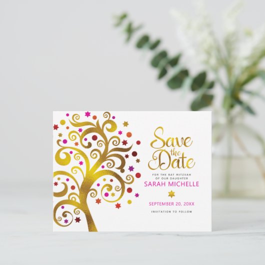 Bat Mitzvah Save the Date Gold & Pink Tree of Life Uitnodiging Briefkaart (Staand voorkant)