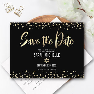 Bat Mitzvah Save the Date Modern Zwart Goud Schrif Uitnodiging Briefkaart