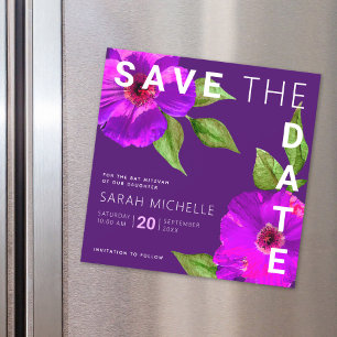 Bat Mitzvah Save the Date Paarse Bloemen Waterverf Magnetische Uitnodiging