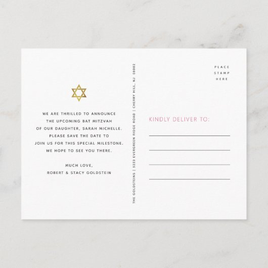 Bat Mitzvah Save the Date Pink Floral Waterverf Uitnodiging Briefkaart (Achterkant)