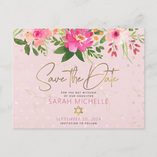 Bat Mitzvah Save the Date Pink Floral Waterverf Uitnodiging Briefkaart (Voorkant)