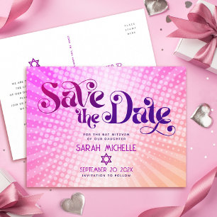 Bat Mitzvah Save the Date Retro Roze Sinaasappel O Uitnodiging Briefkaart