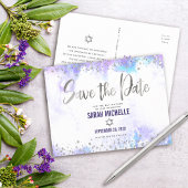 Bat Mitzvah Save the Date Silver Paarse Waterverf Uitnodiging Briefkaart