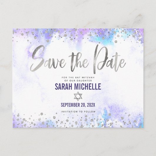 Bat Mitzvah Save the Date Silver Paarse Waterverf Uitnodiging Briefkaart (Voorkant)