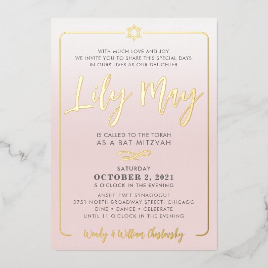 BAT MITZVAH  script bord roze ombre goud Folie Uitnodiging (Voorkant)