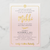 BAT MITZVAH  script bord roze ombre goud Folie Uitnodiging (Voorkant)