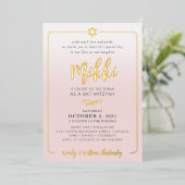 BAT MITZVAH  script bord roze ombre goud Folie Uitnodiging (Staand Voorkant)