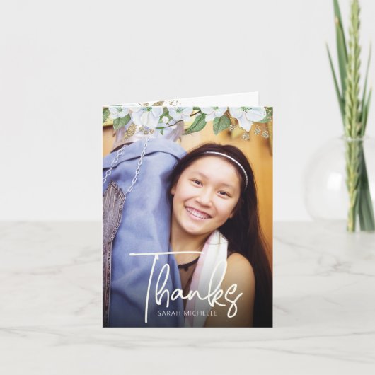 Bat Mitzvah Script Foto Gold Floral Waterverf Bedankkaart (Voorkant)