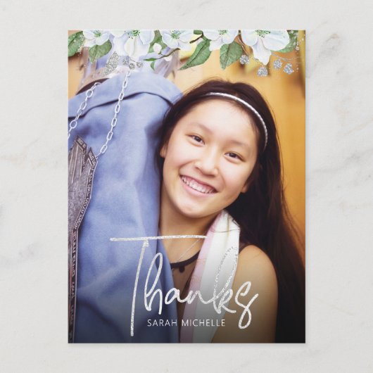 Bat Mitzvah Script Foto Silver Floral bedankt Briefkaart (Voorkant)
