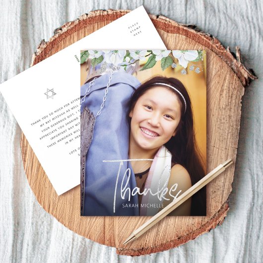 Bat Mitzvah Script Foto Silver Floral bedankt Briefkaart