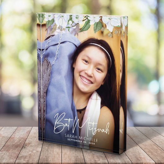 Bat Mitzvah Script Gold Floral Waterverf Fotoblokken
