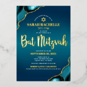 Bat Mitzvah Script Turquoise Ombre Agate Echte Gou Folie Uitnodiging (Voorkant)