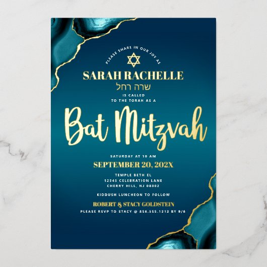 Bat Mitzvah Script Turquoise Ombre Agate Echte Gou Folie Uitnodiging (Voorkant)