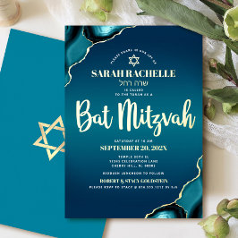Bat Mitzvah Script Turquoise Ombre Agate Echte Gou Folie Uitnodiging