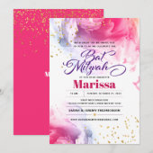 Bat Mitzvah Script Waterverf Glitter Invitation Kaart (Voorkant / Achterkant)