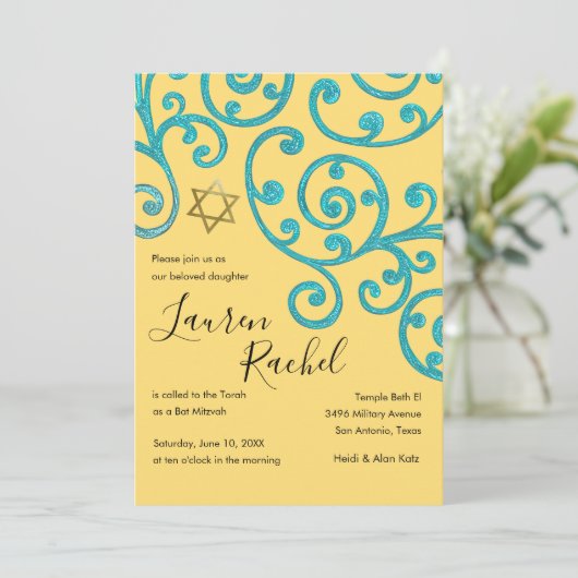 Bat Mitzvah Scroll Patroon Aqua Uitnodiging (Staand voorkant)