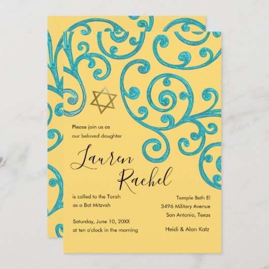 Bat Mitzvah Scroll Patroon Aqua Uitnodiging (Voorkant / Achterkant)