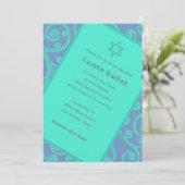 Bat Mitzvah Scroll Patroon Aqua Uitnodiging (Staand voorkant)