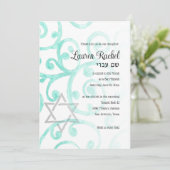 Bat Mitzvah Scroll Patroon Aqua Uitnodiging (Staand voorkant)