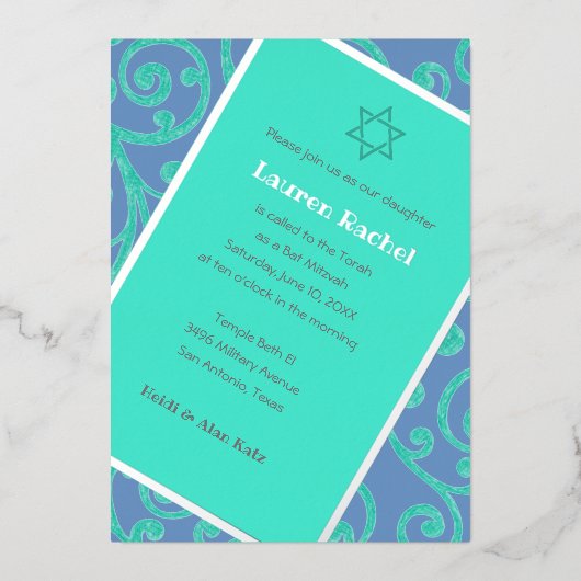 Bat Mitzvah Scroll Patroon Aqua Uitnodiging (Voorkant)
