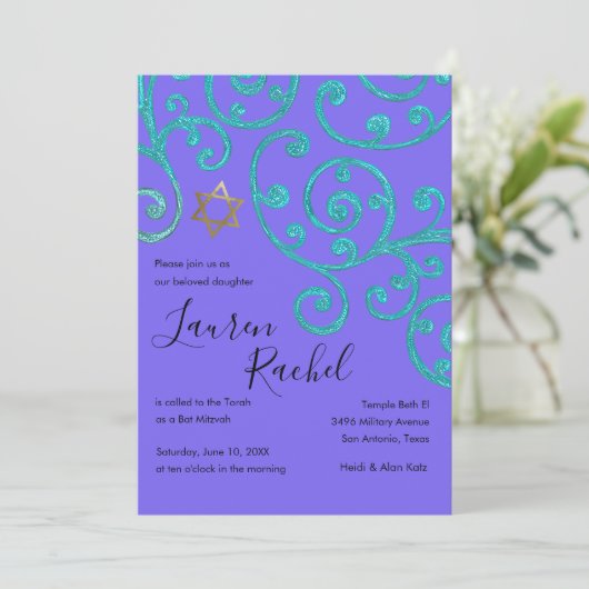 Bat Mitzvah Scroll Patroon Aqua Uitnodiging (Staand voorkant)