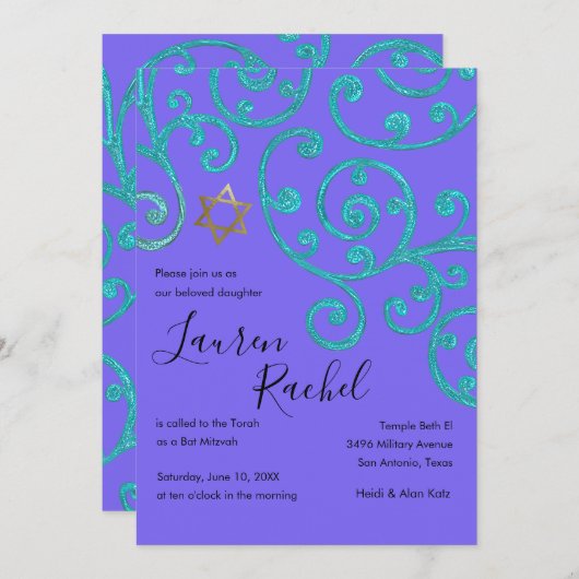 Bat Mitzvah Scroll Patroon Aqua Uitnodiging (Voorkant / Achterkant)