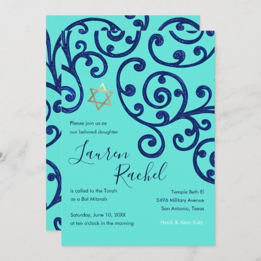 Bat Mitzvah Scroll Patroon Blauwe Uitnodiging (Voorkant / Achterkant)