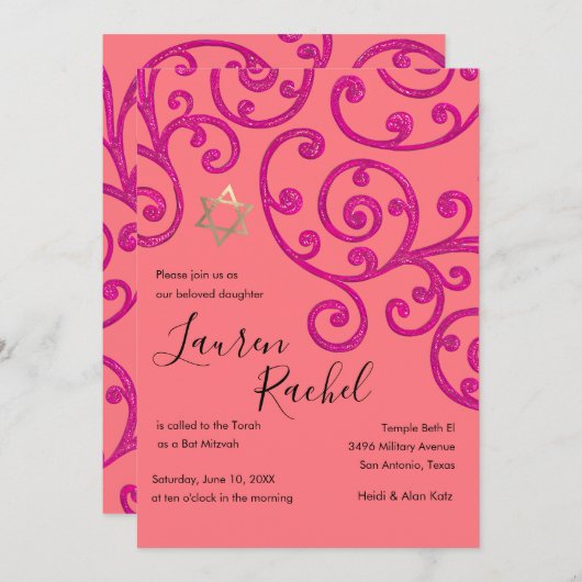 Bat Mitzvah Scroll Patroon Roze uitnodiging (Voorkant / Achterkant)