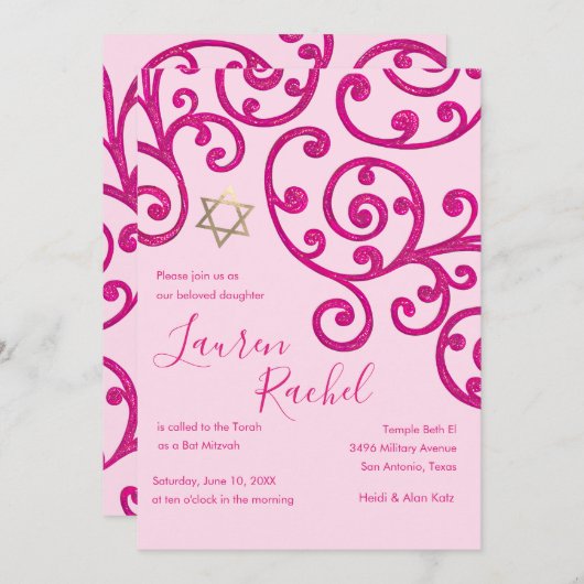 Bat Mitzvah Scroll Patroon Roze uitnodiging (Voorkant / Achterkant)