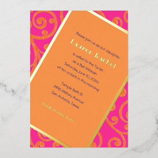 Bat Mitzvah Scroll Pattern Oranje Folie Uitnodiging (Voorkant)