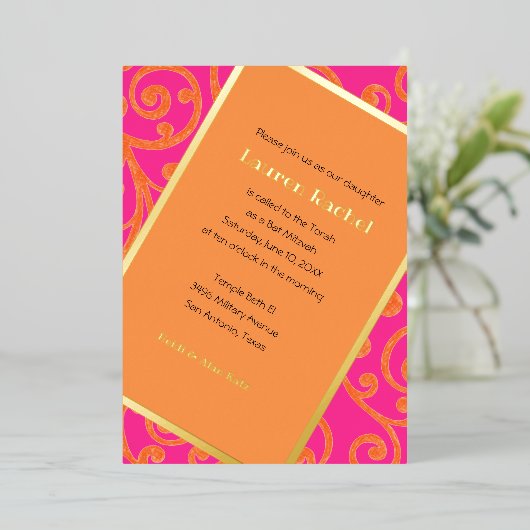 Bat Mitzvah Scroll Pattern Oranje Folie Uitnodiging (Staand Voorkant)