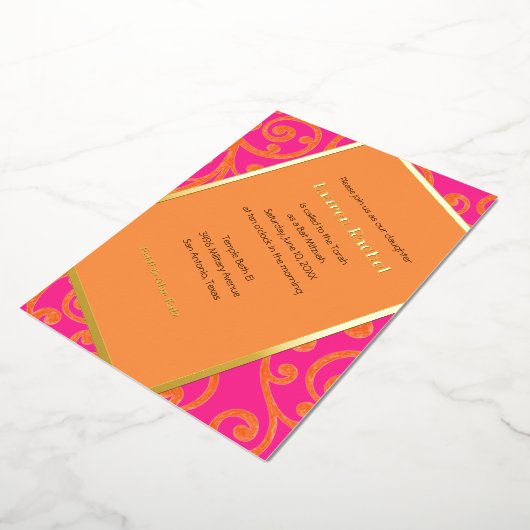 Bat Mitzvah Scroll Pattern Oranje Folie Uitnodiging (Gedraaid)