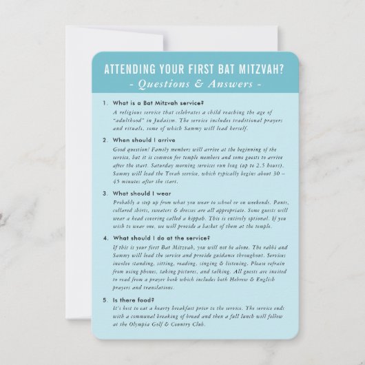 BAT MITZVAH service vraag en antwoord advies Kaart (Voorkant)