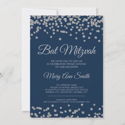 Bat Mitzvah Silver Faux Glitter Confetti Navy Blue Kaart (Voorkant)