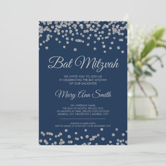 Bat Mitzvah Silver Faux Glitter Confetti Navy Blue Kaart (Staand voorkant)