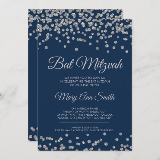 Bat Mitzvah Silver Faux Glitter Confetti Navy Blue Kaart (Voorkant / Achterkant)