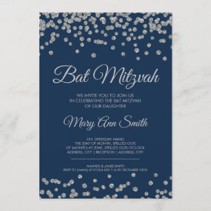 Bat Mitzvah Silver Faux Glitter Confetti Navy Blue Kaart