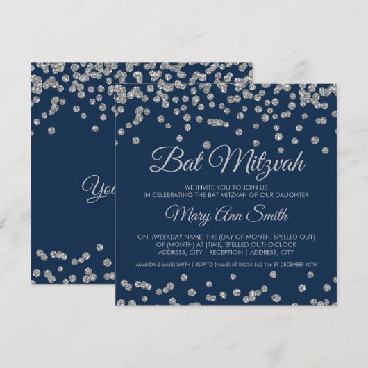 Bat Mitzvah Silver Faux Glitter Confetti Navy Blue Kaart (Voorkant / Achterkant)