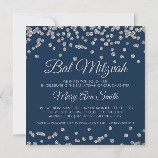 Bat Mitzvah Silver Faux Glitter Confetti Navy Blue Kaart (Voorkant)