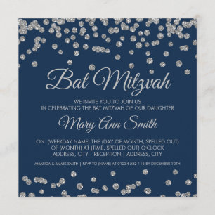 Bat Mitzvah Silver Faux Glitter Confetti Navy Blue Kaart