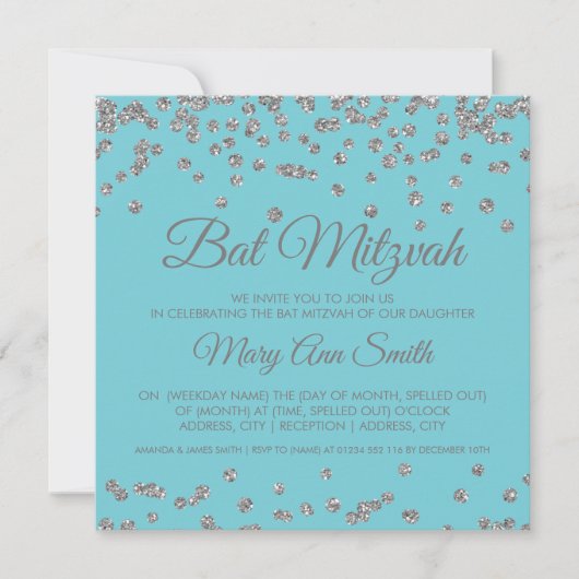 Bat Mitzvah Silver Glitter Confetti Robin Egg Blue Kaart (Voorkant)