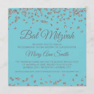 Bat Mitzvah Silver Glitter Confetti Robin Egg Blue Kaart