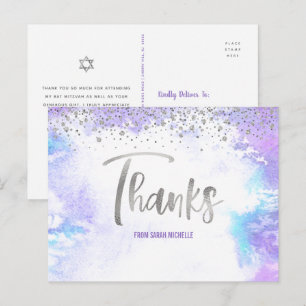 Bat Mitzvah Silver Script Paarse Waterverf Bedankt Briefkaart