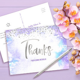 Bat Mitzvah Silver Script Paarse Waterverf Bedankt Briefkaart