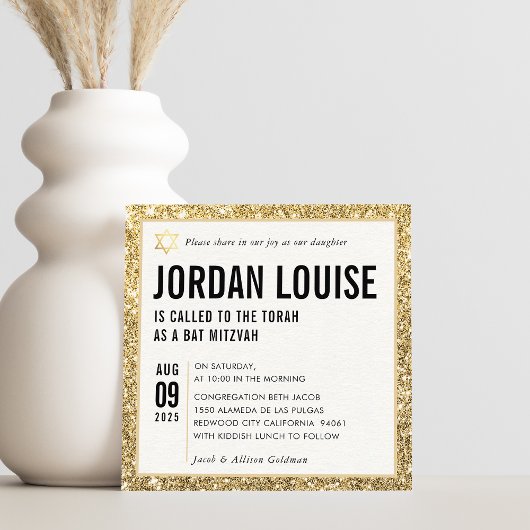 BAT MITZVAH simple modern chic gold glitter Kaart