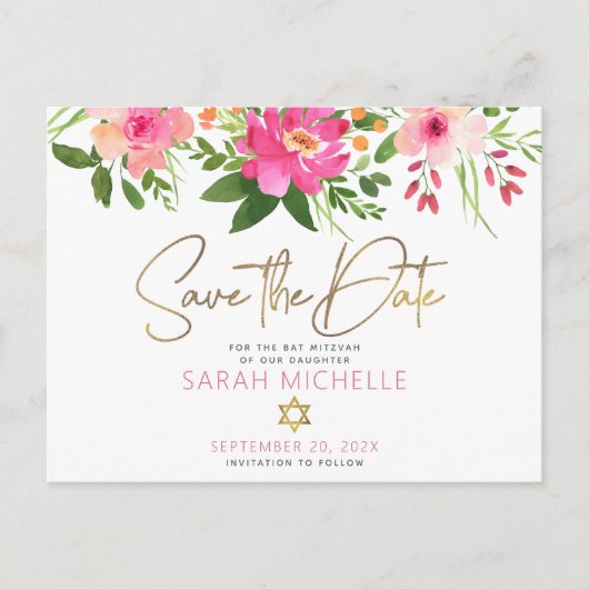 Bat Mitzvah sparen het Manuscript van de Waterverf Uitnodiging Briefkaart (Voorkant)