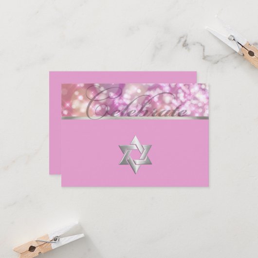 Bat Mitzvah Sparkle Licht Roze Kaart (Voorkant / Achterkant in situ)