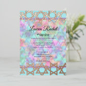 Bat Mitzvah Star Border Roze Paarse Blauwe Patroon Folie Uitnodiging (Staand Voorkant)