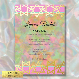 Bat Mitzvah Star Border Roze Paarse Groen Patroon Folie Uitnodiging
